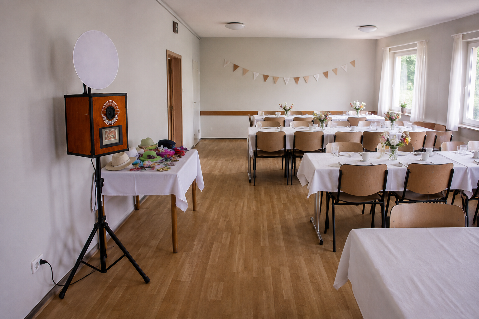 KI-Beispielaufbau: unsere Holzfotobox links an der Wand eines einfachen Festsaals, neben einem kleinen Requisitentisch